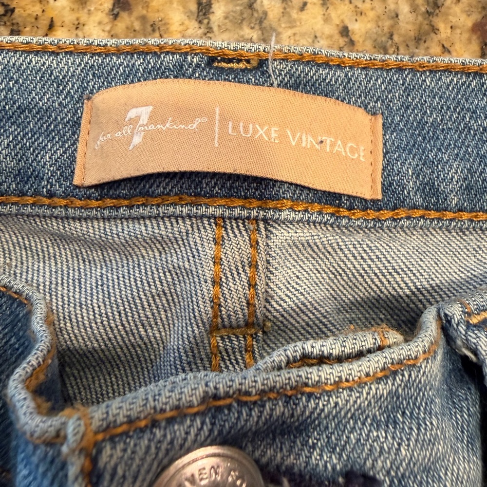 7 For All Mankind Light Blue Denim Jeans with Gold Stitching